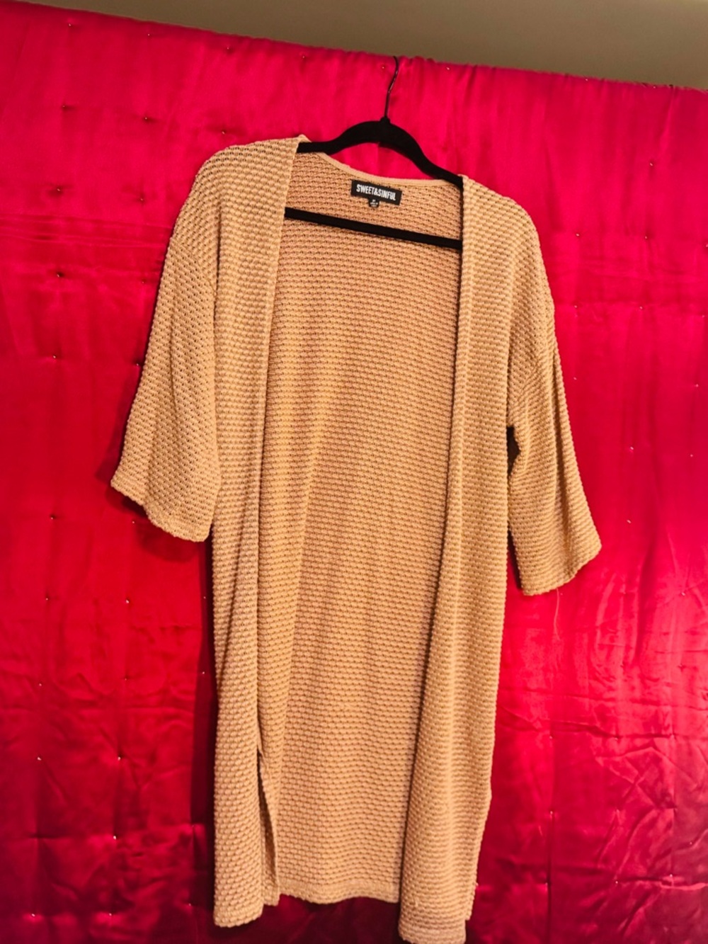 👑 TAN LONG CARDIGAN SIZE MEDIUM — Sweet Rain Tan Open-Front Knit Cardigan